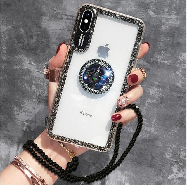 Luxury Bling Glitter With Finger Ring Case For iPhone X 8 7 6 6S Plus XR XS Max Cover Fashion Diamond Soft TPU Phone Coque Cases