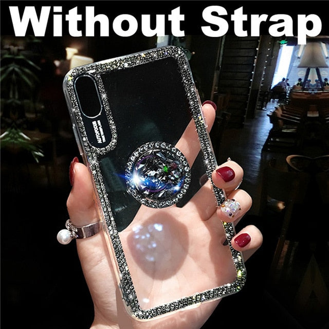 Luxury Bling Glitter With Finger Ring Case For iPhone X 8 7 6 6S Plus XR XS Max Cover Fashion Diamond Soft TPU Phone Coque Cases