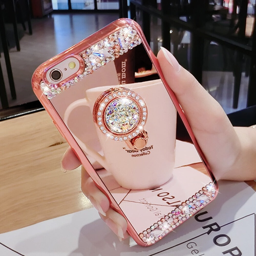 Fashion Diamond Soft TPU Crystal Rhinestone Glitter Mirror Phone Case For Samsung S8 S9 S8 Plus S9 Plus with Ring Holder Stand