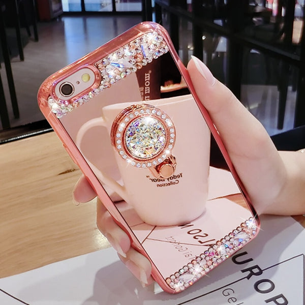 Fashion Diamond Soft TPU Crystal Rhinestone Glitter Mirror Phone Case For Samsung S8 S9 S8 Plus S9 Plus with Ring Holder Stand