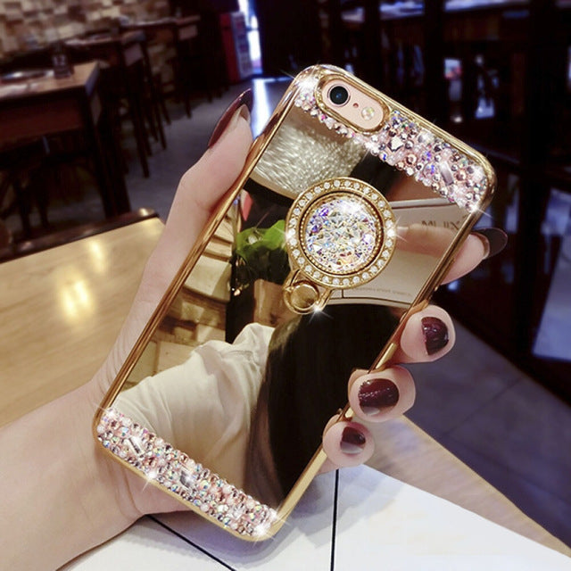 Fashion Diamond Soft TPU Crystal Rhinestone Glitter Mirror Phone Case For Samsung S8 S9 S8 Plus S9 Plus with Ring Holder Stand