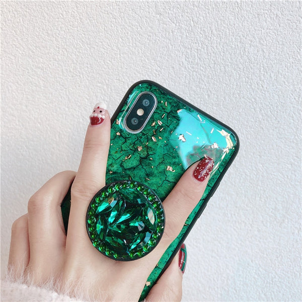 Green emerald marble pattern diamond bracket shiny silicone cover case for Samsung Galaxy S7 edge S8 S9 plus Note 8 9 phone case